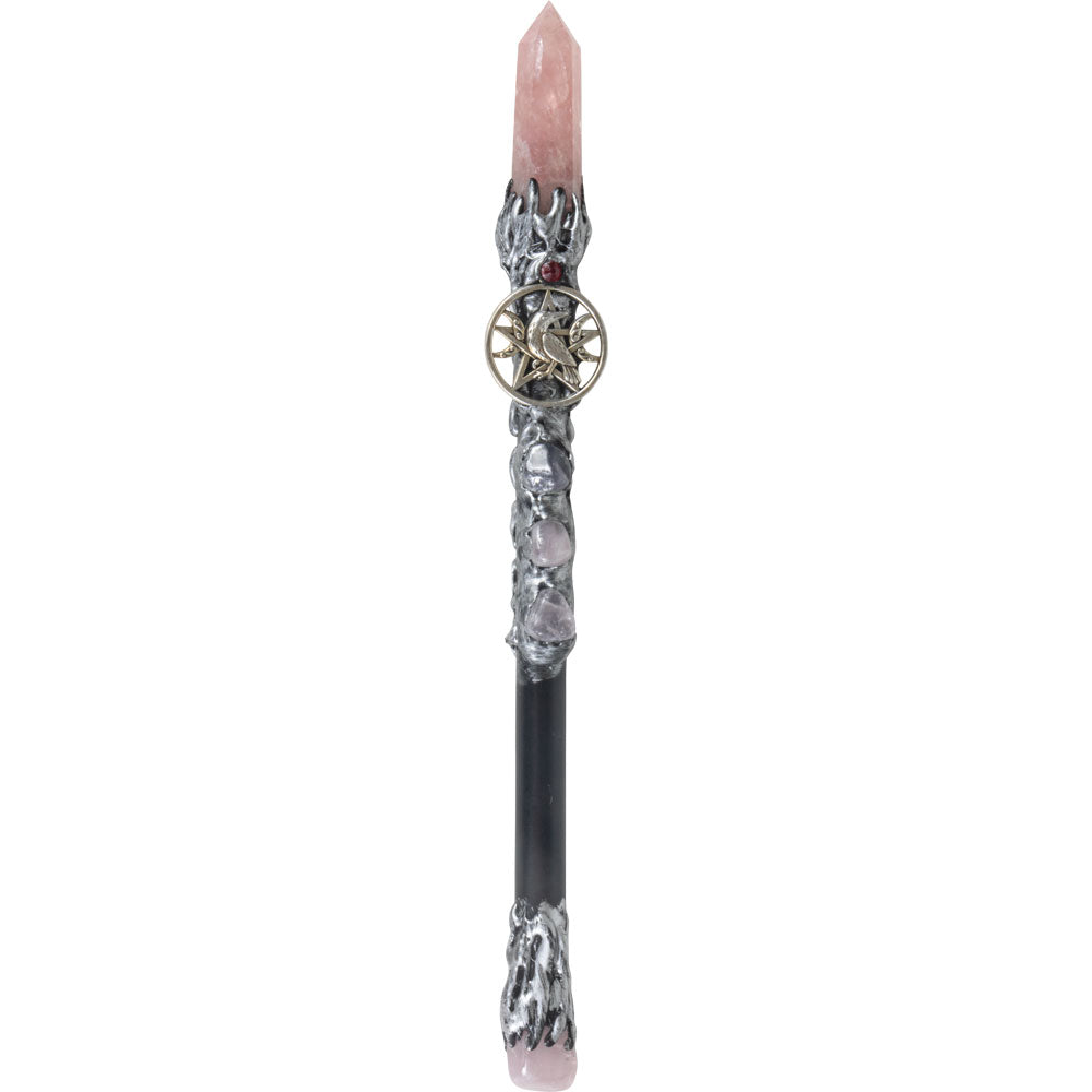 Wand - Rose Quartz Point With Silver Raven Charm
